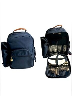 Red Envelope Wine and Snack Picnic Backpack Service for 4 in Navy Blue